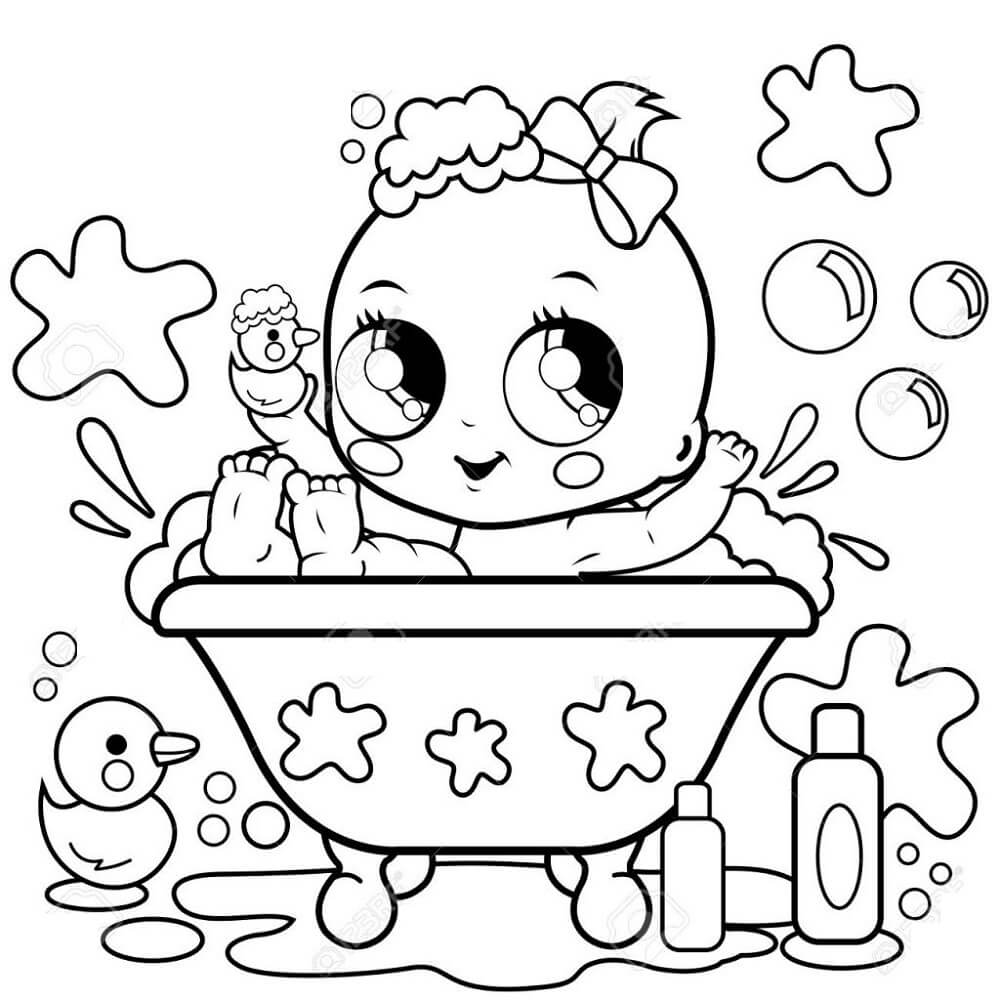 Dibujo de Bebé Niña Bañándose para Colorear y Imprimir