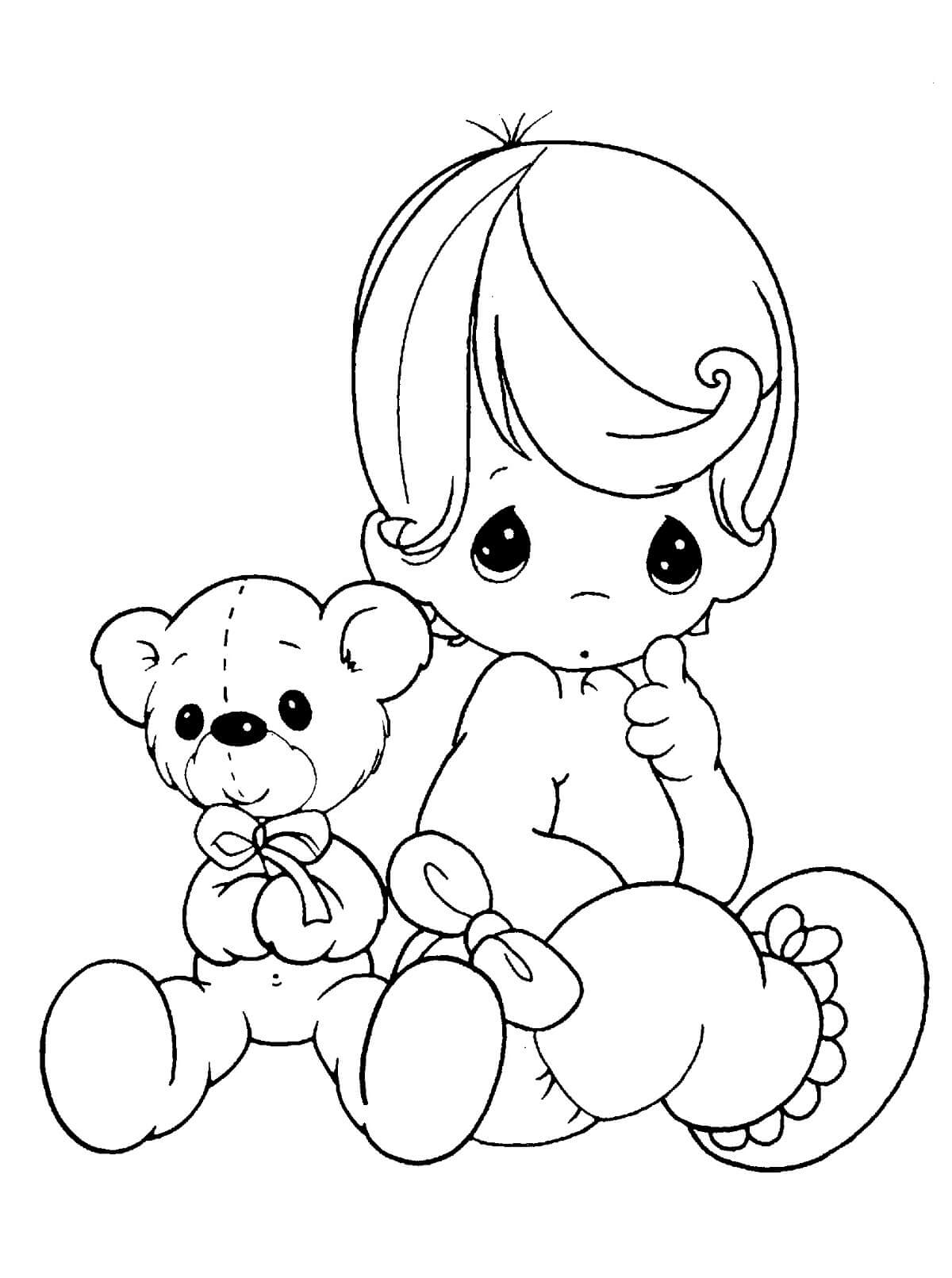 Dibujo de Bebé Niño y Oso de Peluche para Colorear y Imprimir