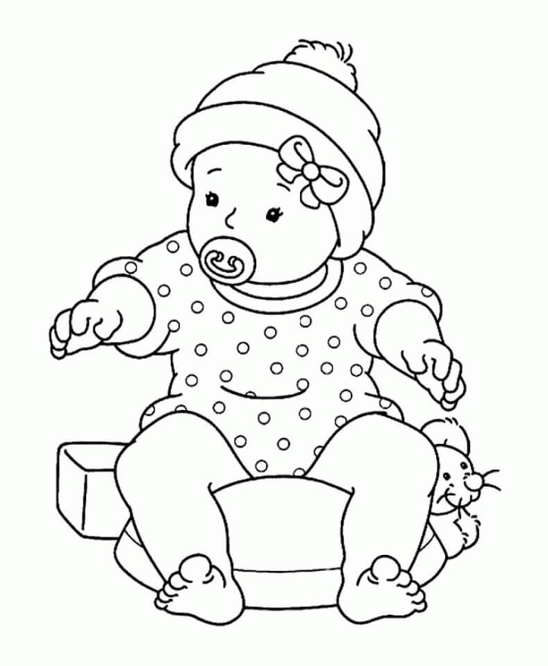 Dibujo de Bebé Sentado Con Ratón para Colorear y Imprimir