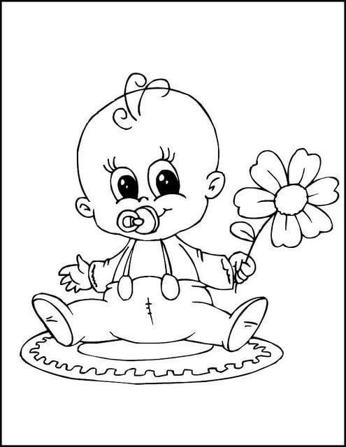 Dibujo de Bebé Sosteniendo Flor para Colorear y Imprimir