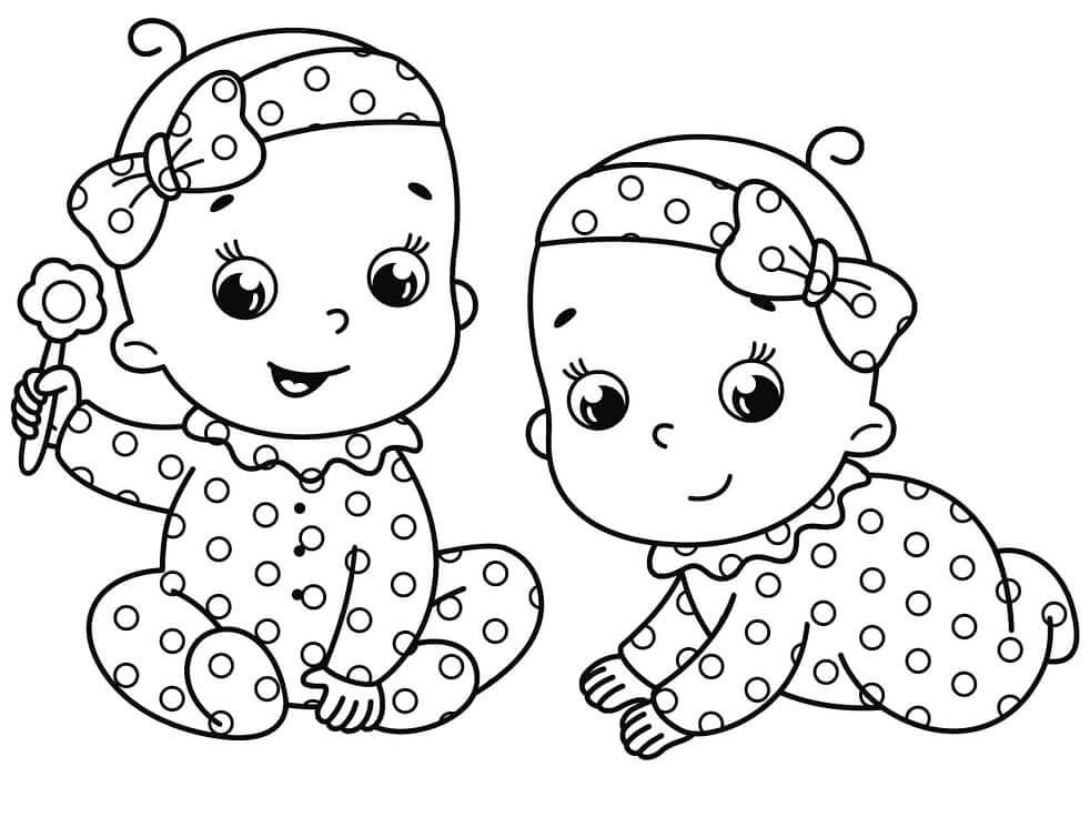 Dibujo de dos Bebés Niña para Colorear y Imprimir