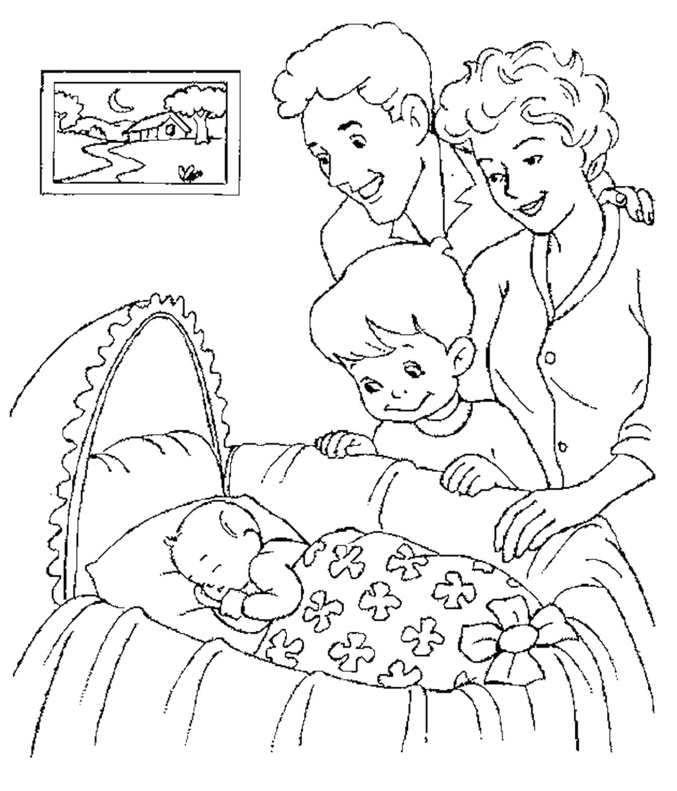 Dibujo de Familia Mirando Al Niño para Colorear y Imprimir