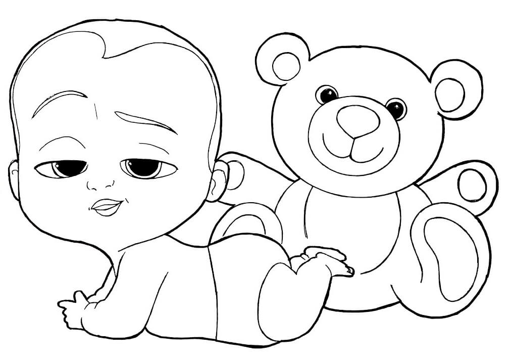 Dibujo de Jefe Bebé Con Oso de Peluche para Colorear y Imprimir