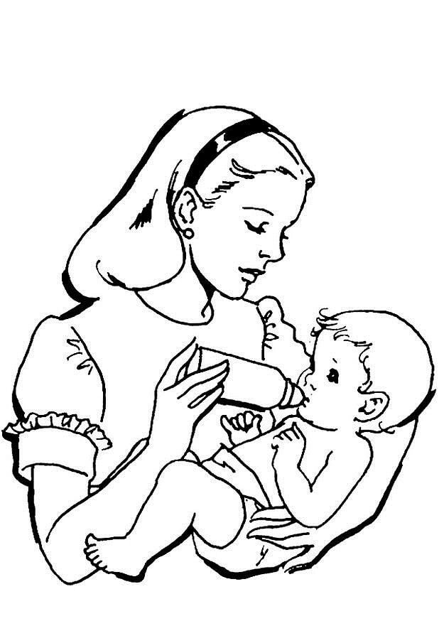 Dibujo de La Madre Le da Leche Al Bebé para Colorear y Imprimir