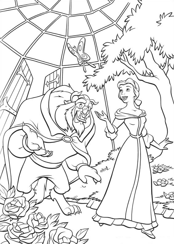 Dibujo de Monstruo y Bella En El Jardín para Colorear y Imprimir