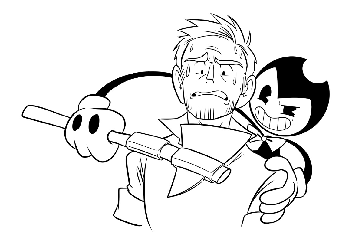 Dibujo de Bendy Amenazando a Un Hombre para Colorear y Imprimir