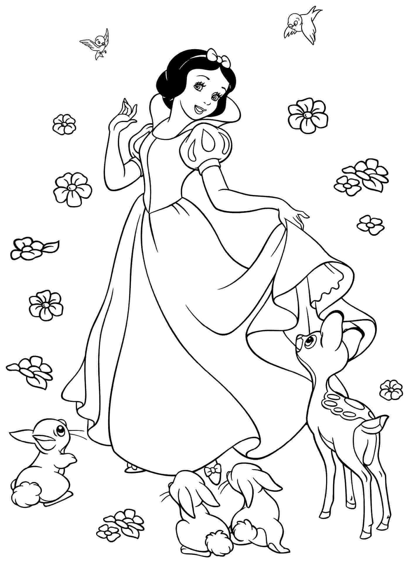 Dibujo de Blancanieves Con Flores y Animales para Colorear y Imprimir