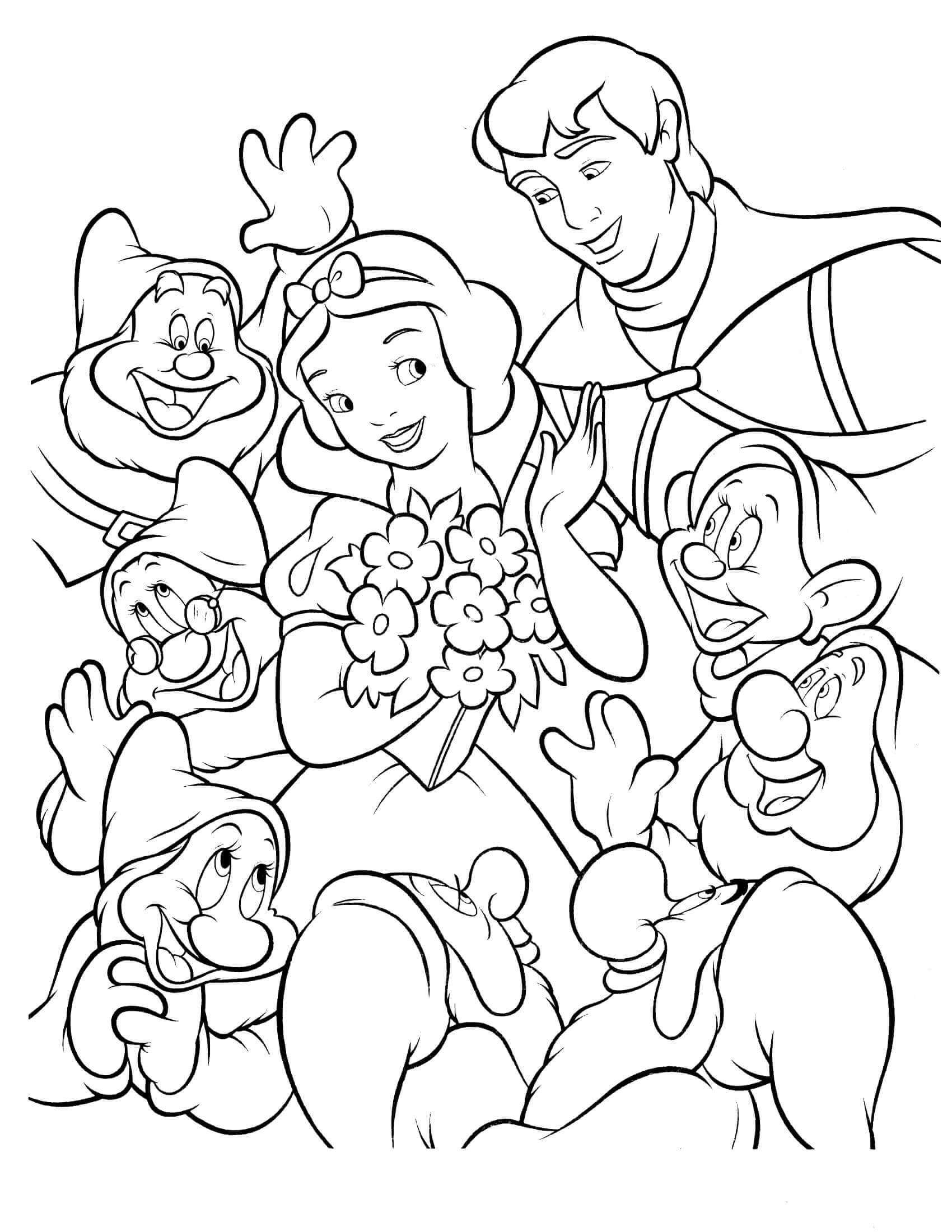 Dibujo de Blancanieves El Príncipe y Los Siete Enanitos para Colorear y Imprimir