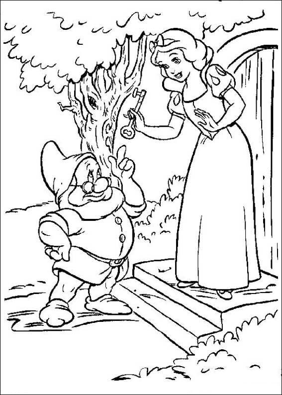 Dibujo de Blancanieves Tiene La Llave y El Enano para Colorear y Imprimir
