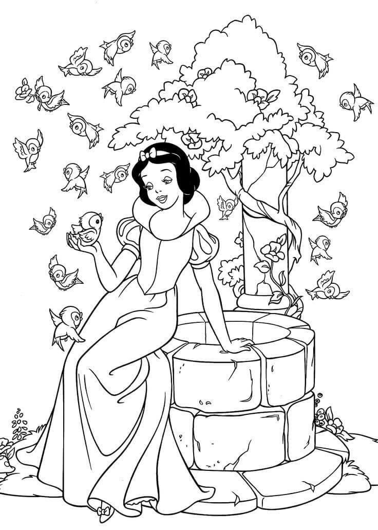 Dibujo de Blancanieves y Pájaros para Colorear y Imprimir