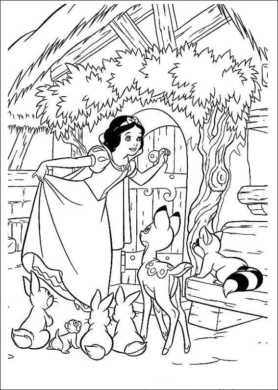 Dibujo de Branca de Neve e Animal com Casa para Colorear y Imprimir