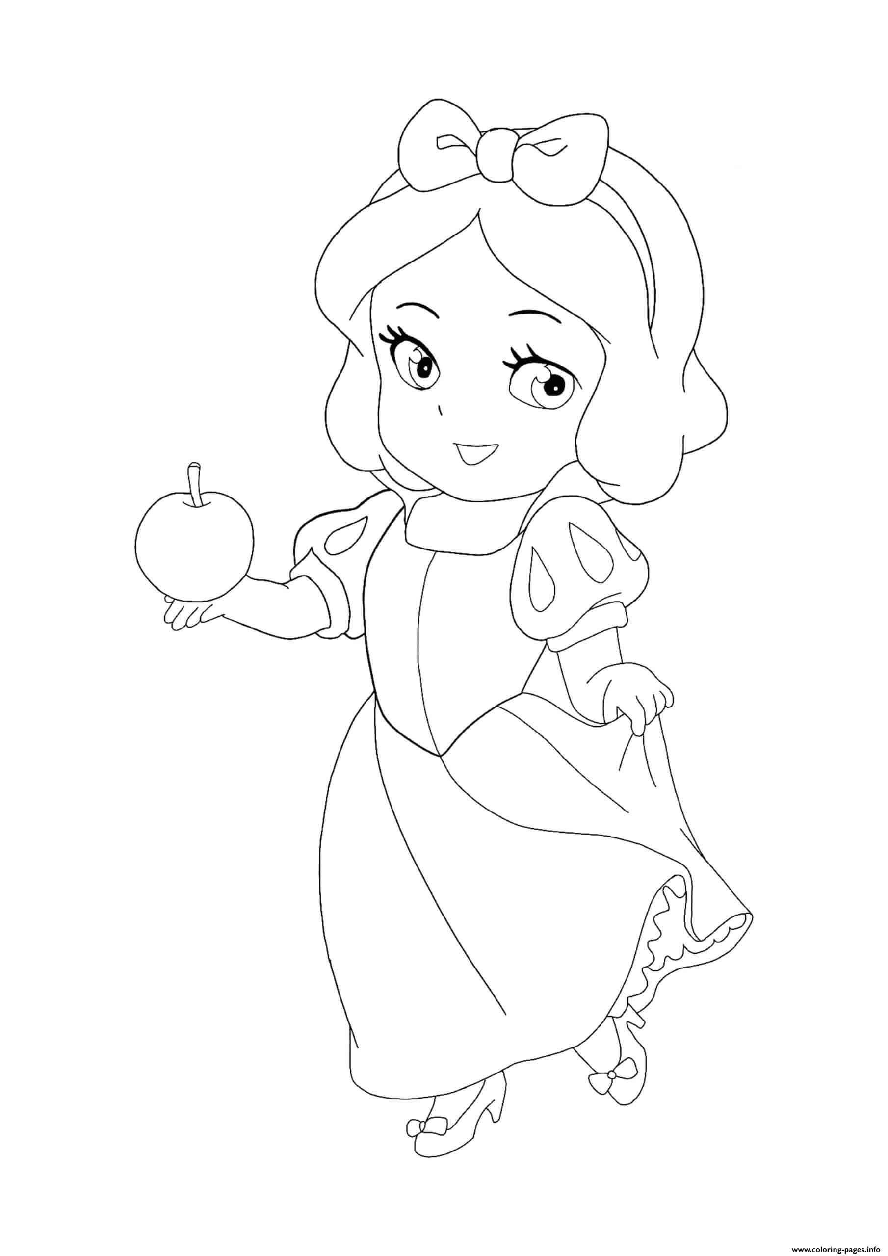 Dibujo de Pequeña Blancanieves Sosteniendo Manzana para Colorear y Imprimir
