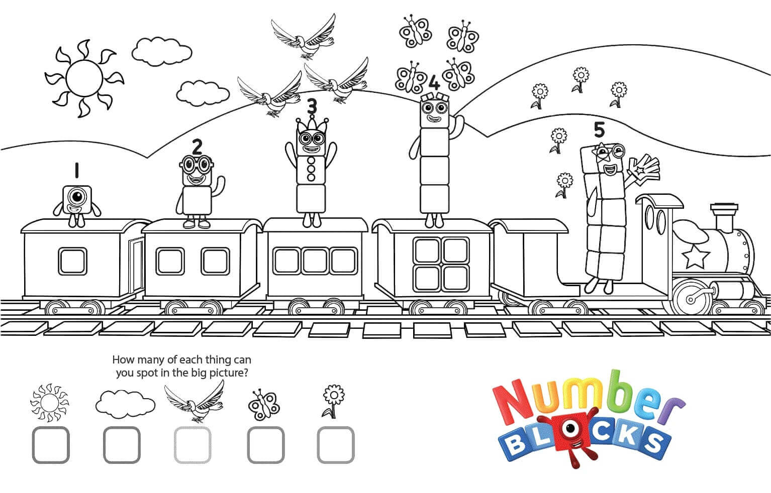 dibujo bloques de numeros en el tren para colorear