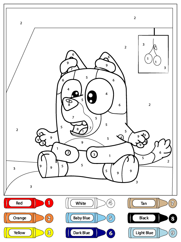 dibujo bluey con cara de sorpresa color por numero para colorear