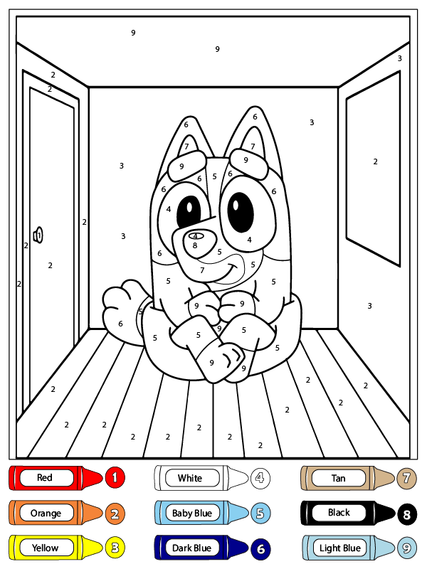 dibujo bluey sentado dentro de la habitacion colorear por numero para colorear
