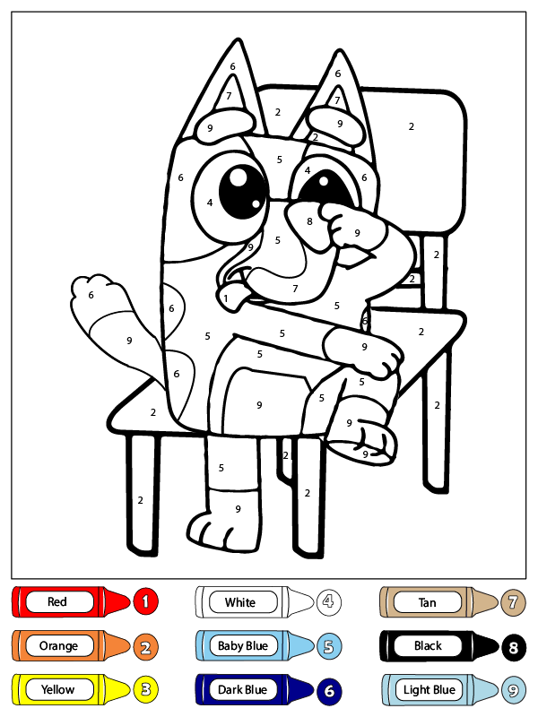 dibujo bluey sentado en una silla color por numero para colorear