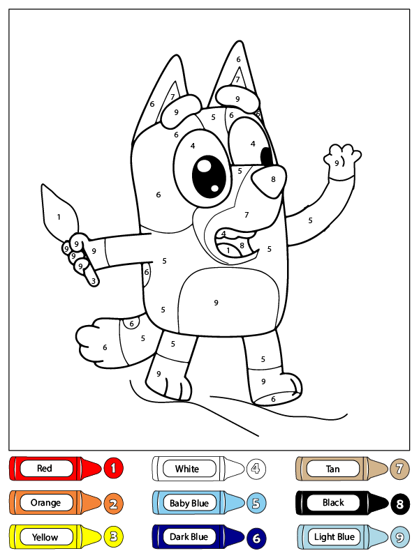 dibujo color por numero bluey heeler saludando para colorear