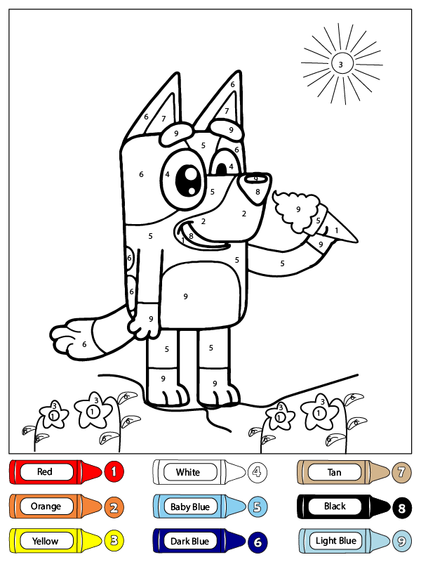 dibujo colorear por numeros a bluey caminando para colorear