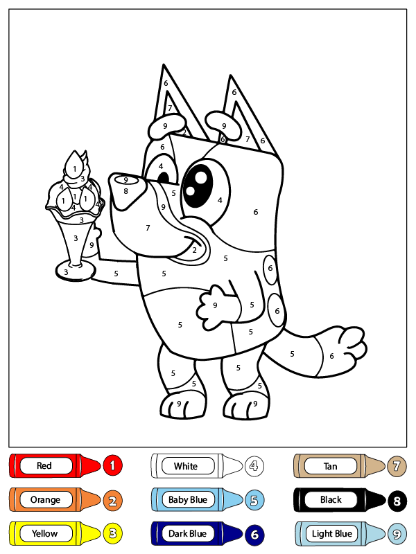 dibujo colorear por numeros a bluey comiendo helado para colorear