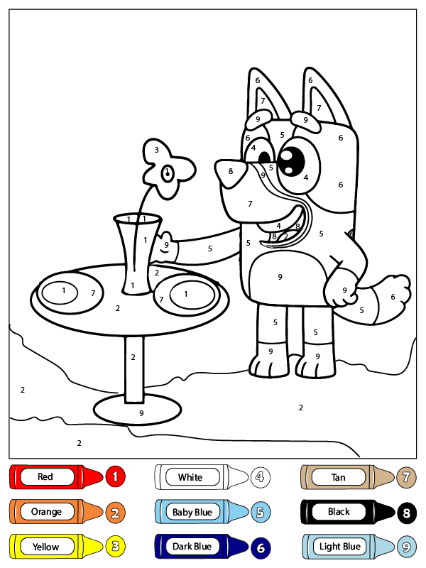 dibujo colorear por numeros a bluey comiendo un postre para colorear