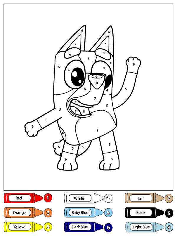 dibujo colorear por numeros a bluey heeler bailando para colorear