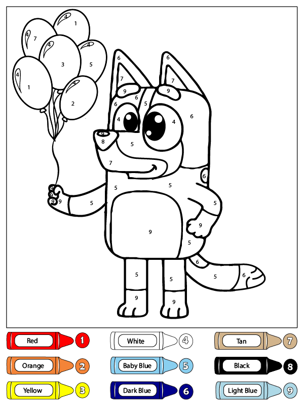 dibujo colorear por numeros a bluey heeler con globos para colorear