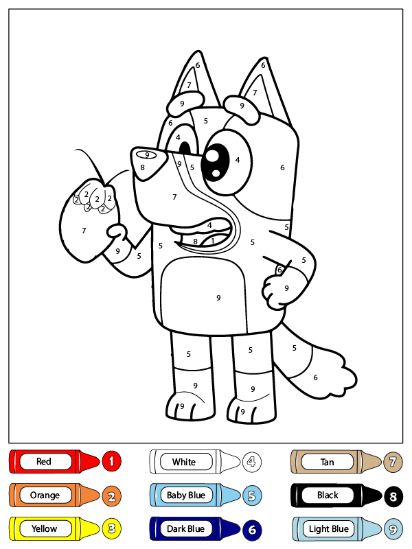 dibujo colorear por numeros a bluey heeler con una fruta para colorear