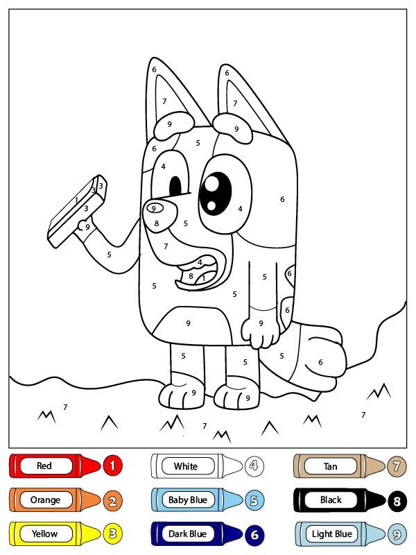 dibujo colorear por numeros a bluey sosteniendo un telefono para colorear