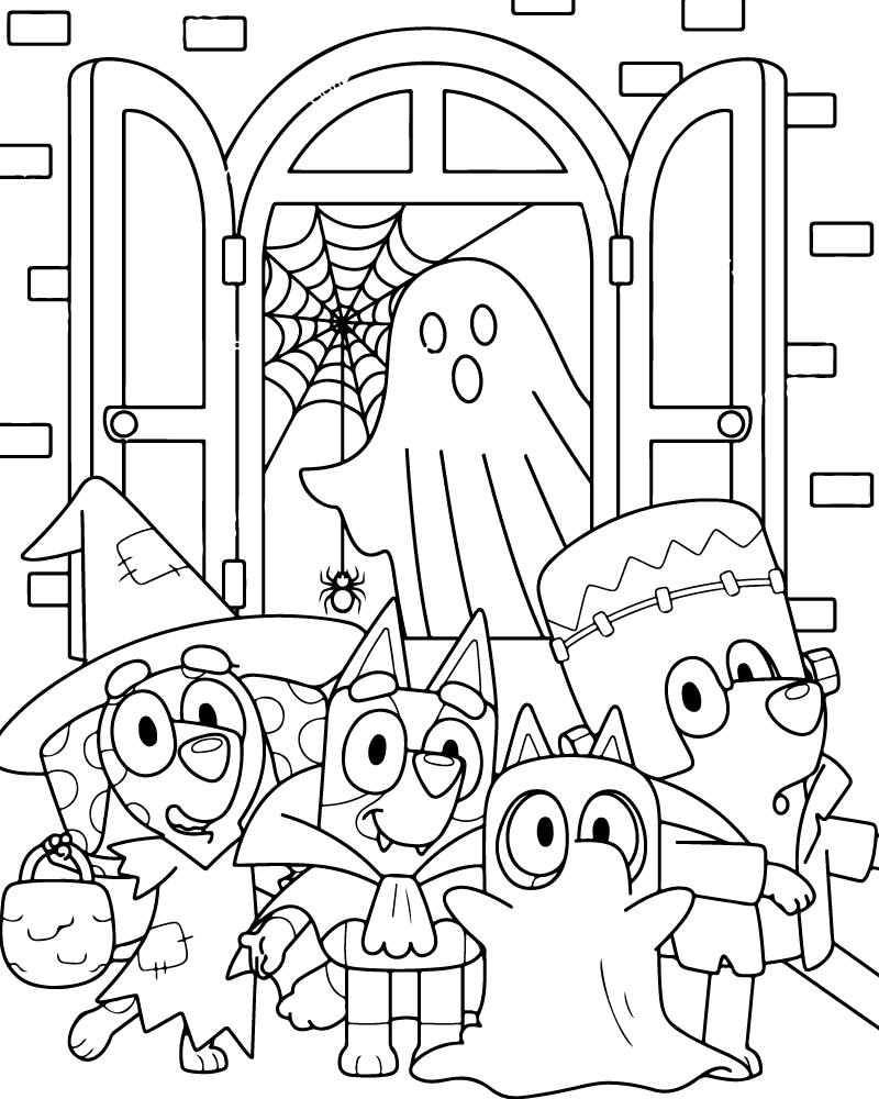 Dibujo de Halloween Bluey Family Coloring Page para Colorear y Imprimir