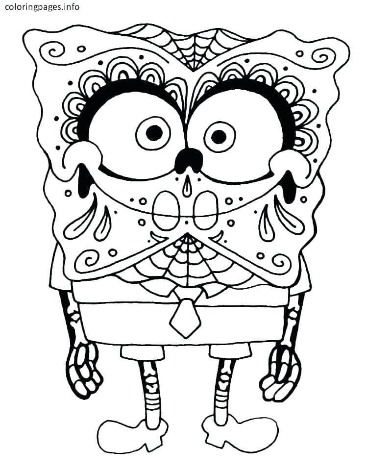 dibujo bob esponja con disfraz de esqueleto para colorear
