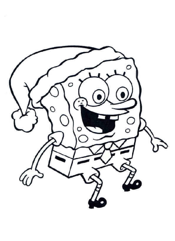dibujo bob esponja con gorro de papa noel para colorear