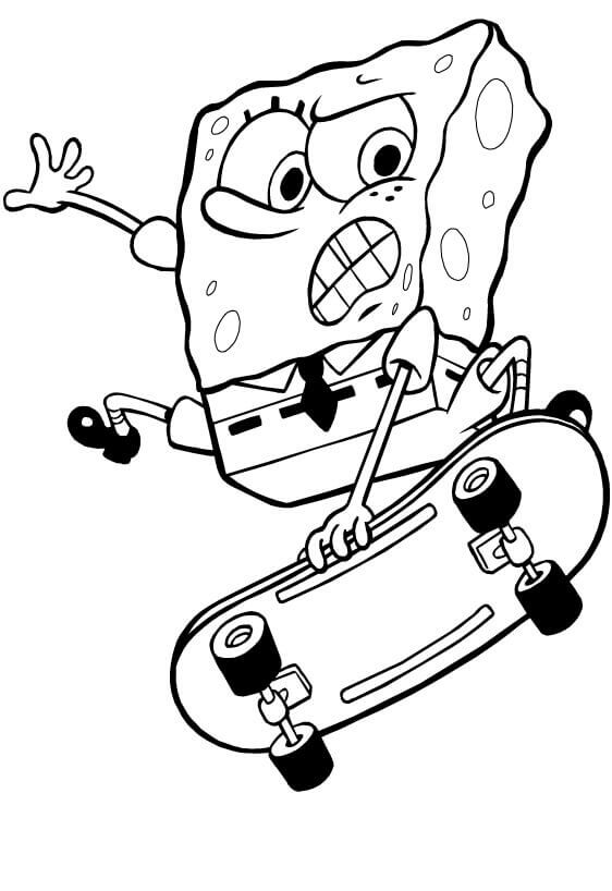 dibujo bob esponja en patineta para colorear