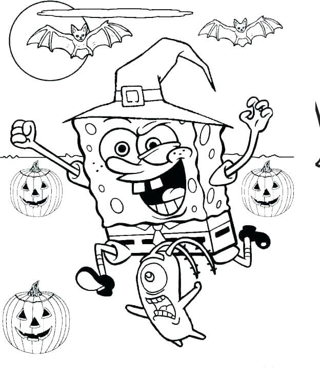 dibujo bob esponja pantalones cuadrados en disfraz de bruja para colorear