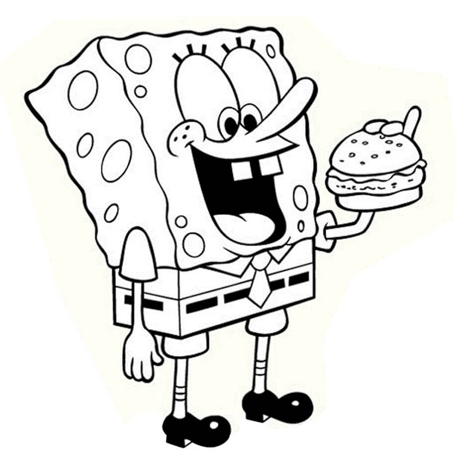 Dibujo de Bob Esponja Comiendo Hamburguesa para Colorear y Imprimir