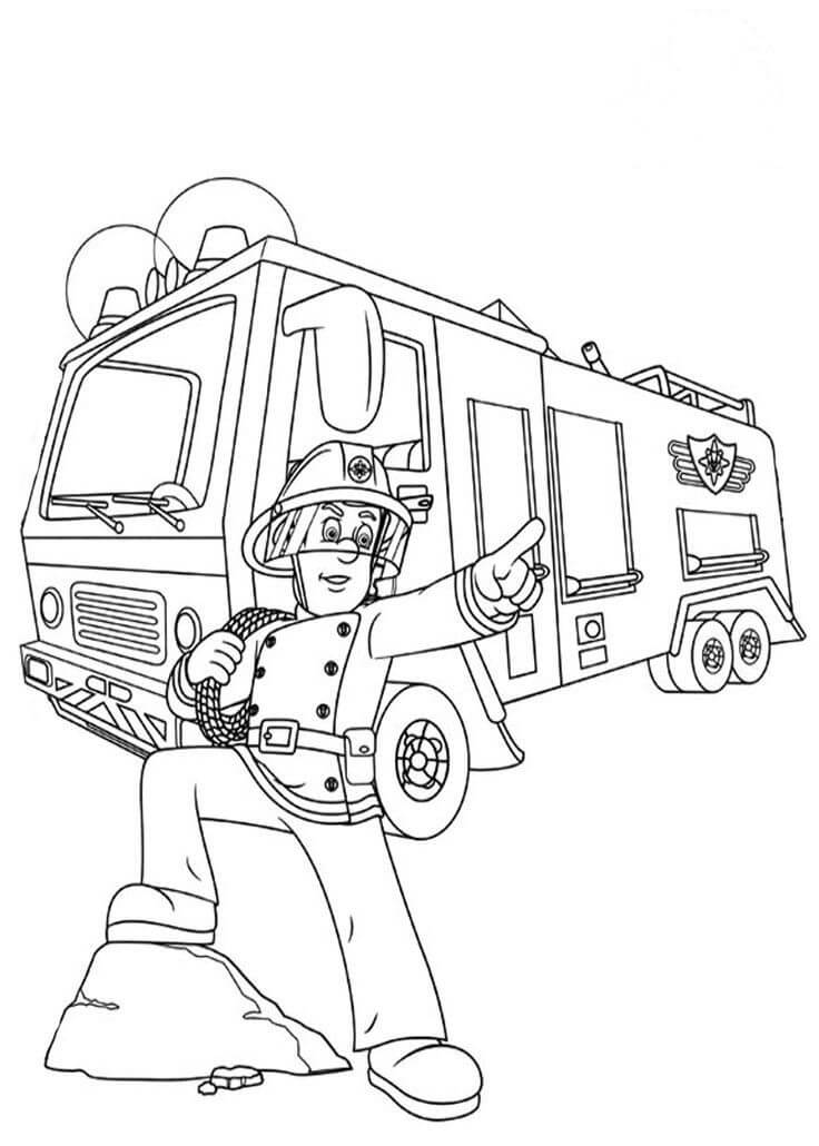 Dibujo de Genial Bombero Sam Con Camión de Bomberos para Colorear y Imprimir