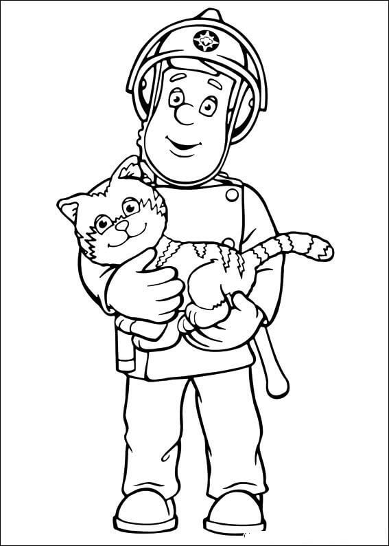 Dibujo de Sam El Bombero Con Gato para Colorear y Imprimir