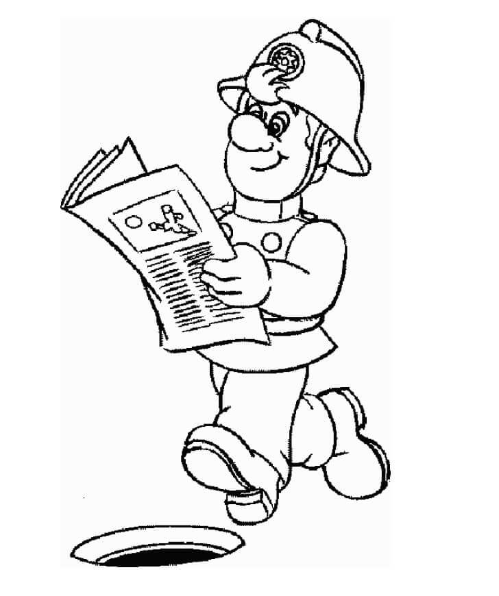 Dibujo de Sam El Bombero Lee El Periódico para Colorear y Imprimir