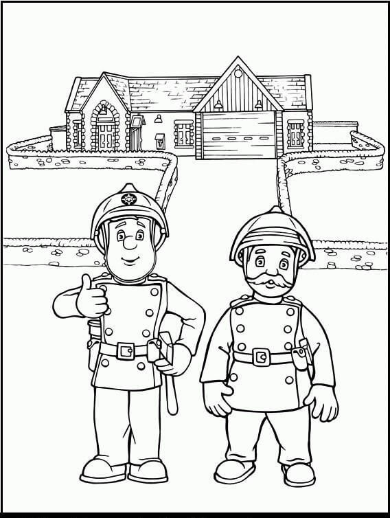 Dibujo de Sam El Bombero y Sus Companeros de Equipo Con Casa para Colorear y Imprimir