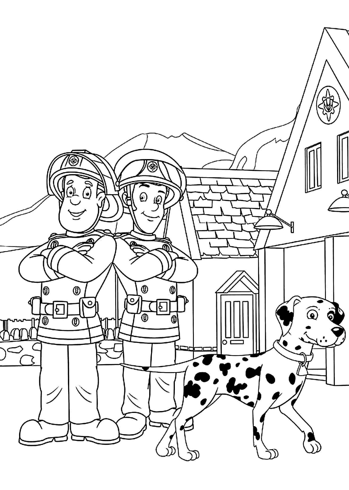 Dibujo de Sam El Bombero y Sus Companeros de Equipo Con Perro para Colorear y Imprimir