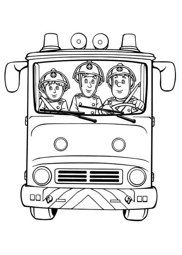 Dibujo de Sam El Bombero y Sus Companeros de Equipo En Un Camión de Bomberos para Colorear y Imprimir