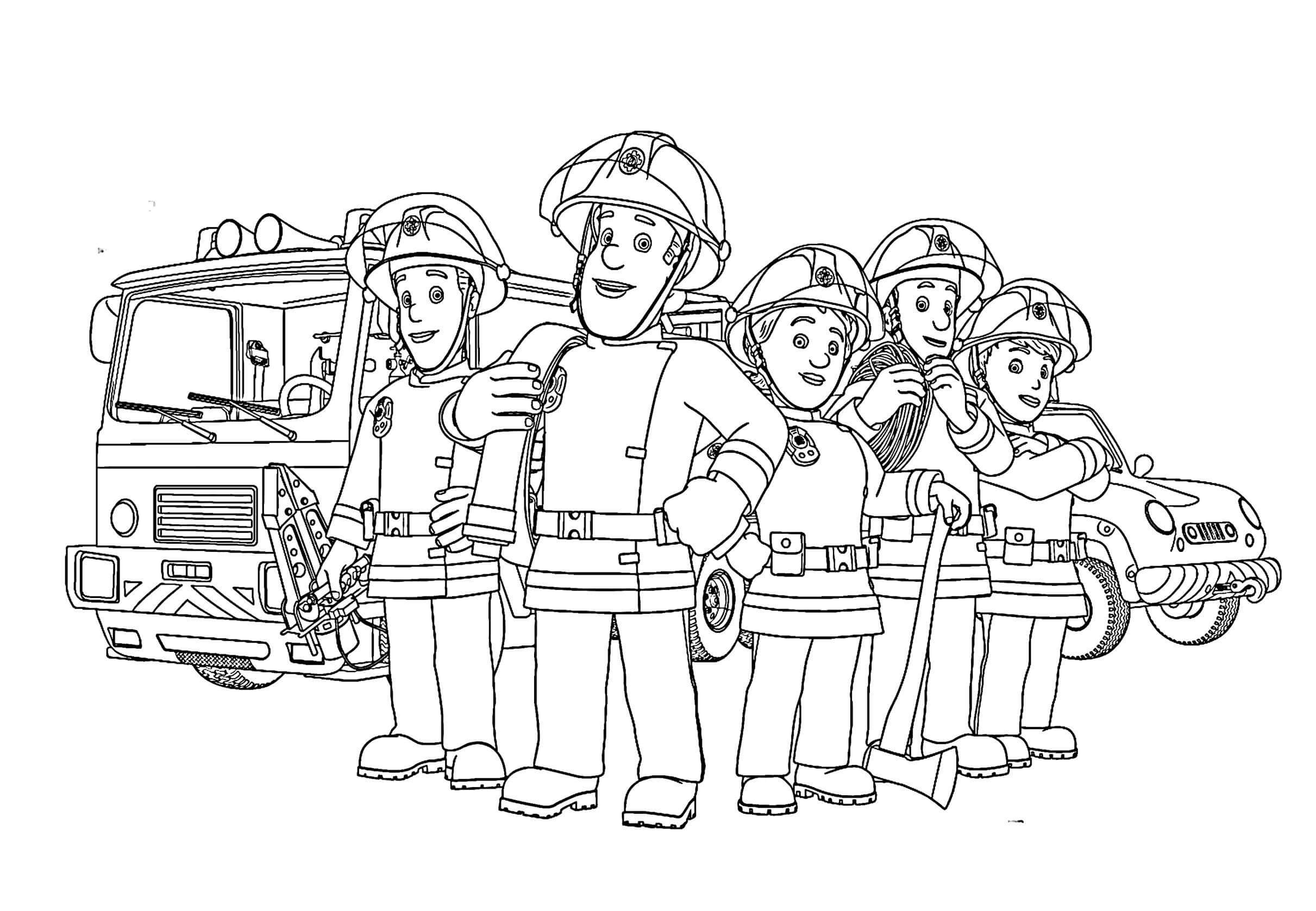 Dibujo de Sam El Bombero y Sus Companeros de Equipo para Colorear y Imprimir