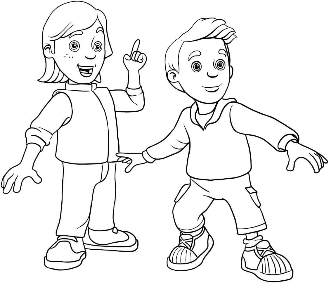Dibujo de Sarah y James de Sam El Bombero para Colorear y Imprimir
