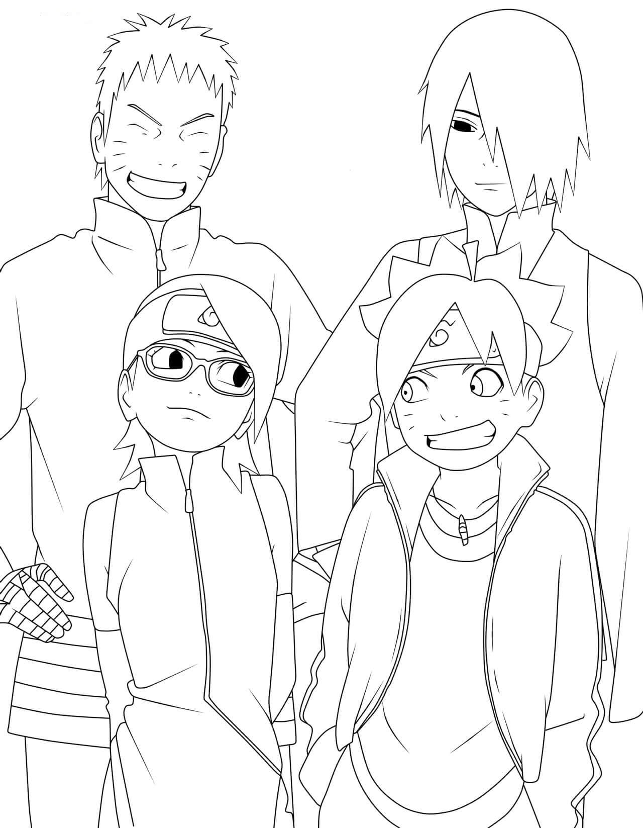 Dibujo de dos Padres Con Boruto y Sadara para Colorear y Imprimir