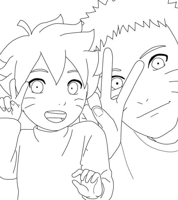 Dibujo de Pequeño Boruto y Naruto para Colorear y Imprimir