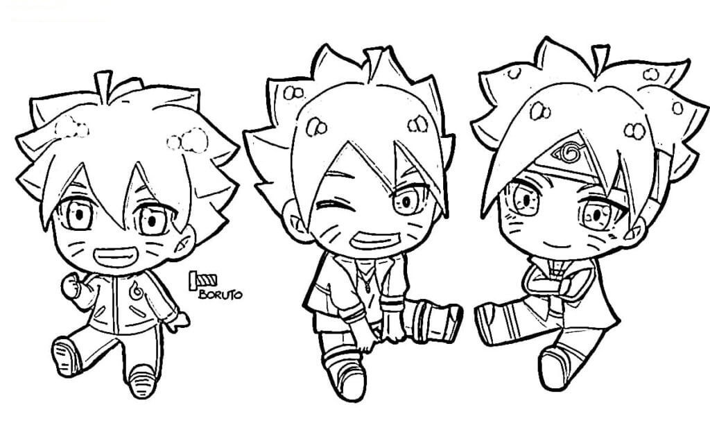 Dibujo de Tres Chibi Boruto para Colorear y Imprimir