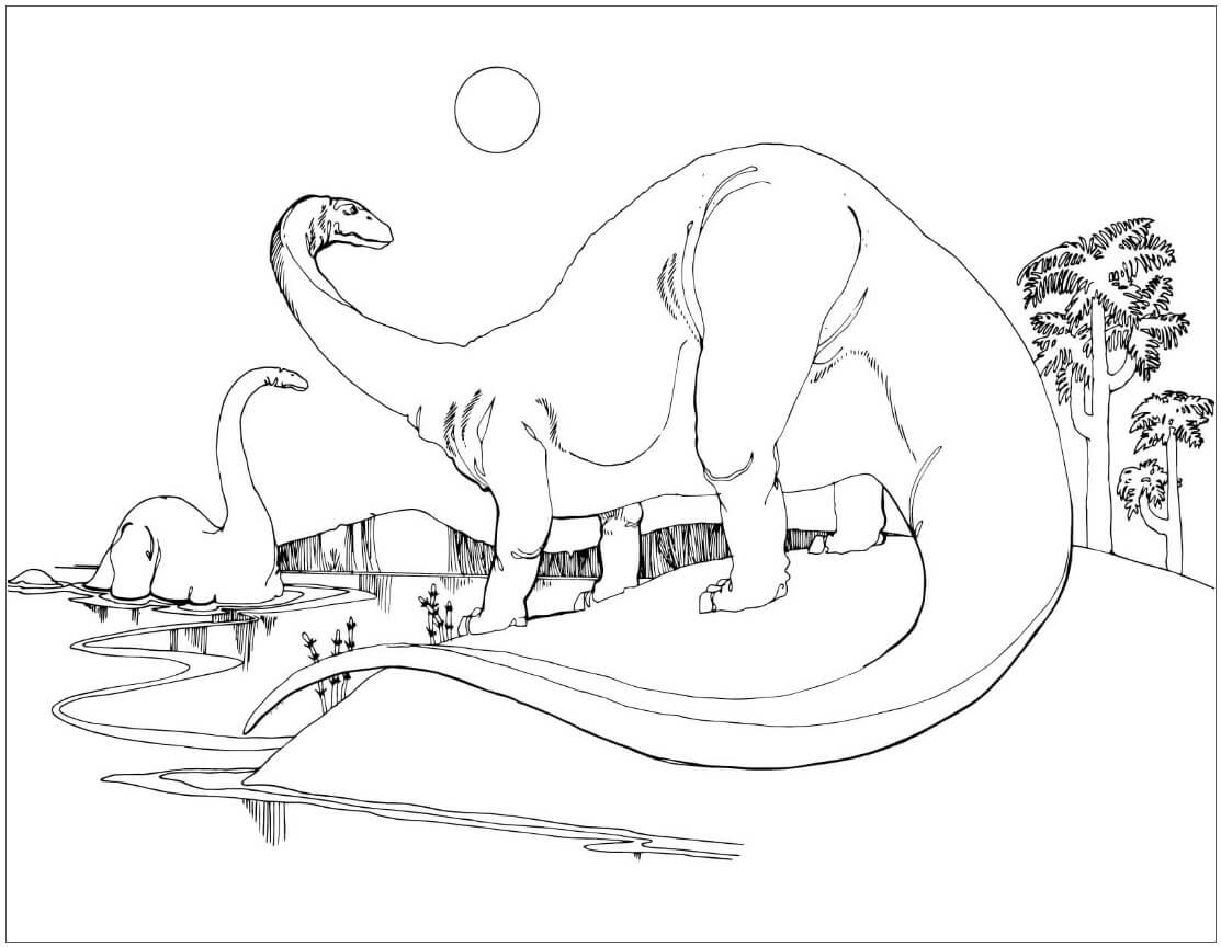 Dibujo de dos Brontosaurios para Colorear y Imprimir