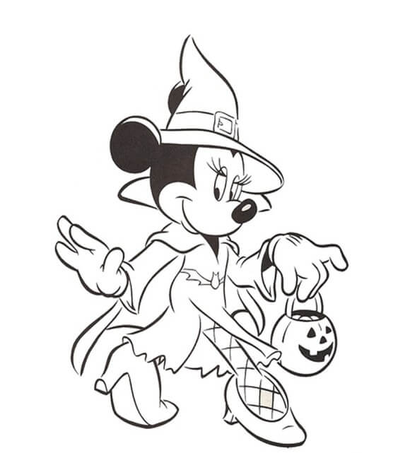 Dibujo de Bruja de Minnie Mouse Sosteniendo Calabaza para Colorear y Imprimir
