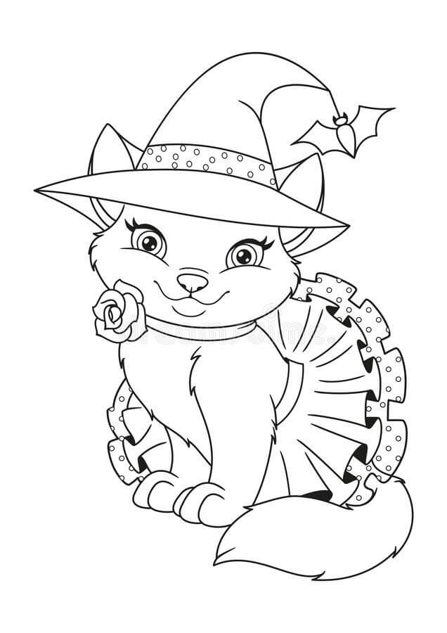 Dibujo de Bruja Gato Sentado para Colorear y Imprimir