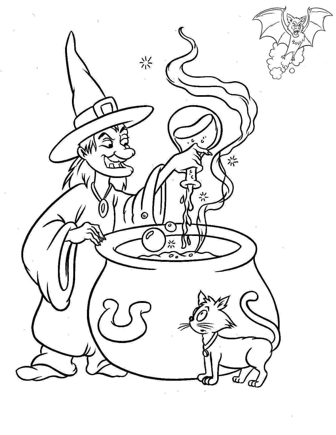 Dibujo de Bruja Malvada Haciendo Veneno para Colorear y Imprimir