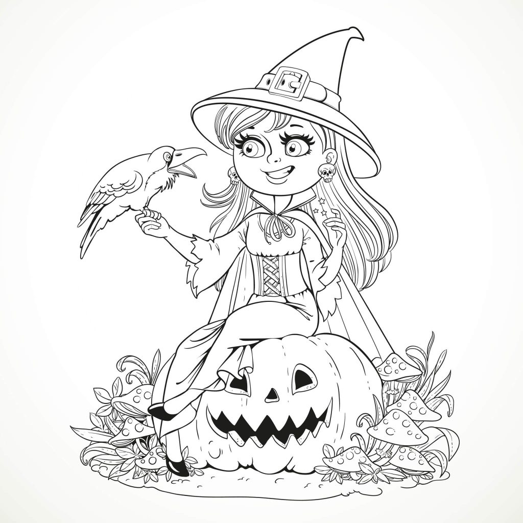 Dibujo de Bruja Niña Sentado y Cuervo para Colorear y Imprimir